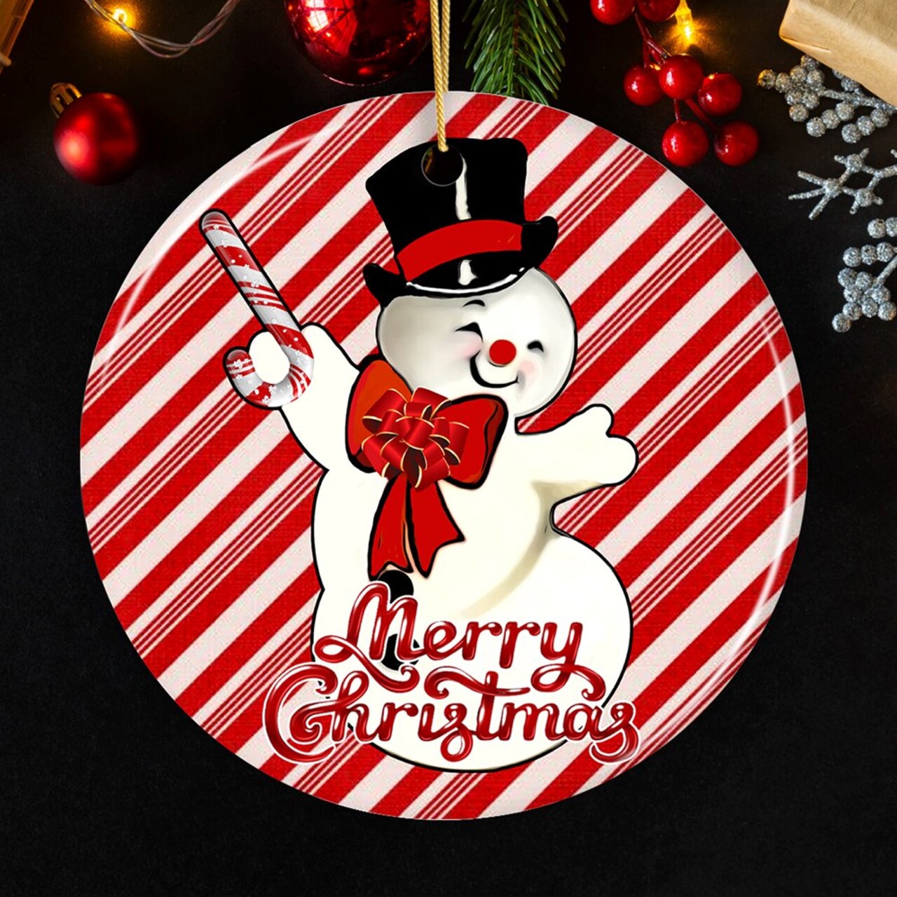 Vintage Snowman and Candy Cane Colors Merry Christmas Ornament